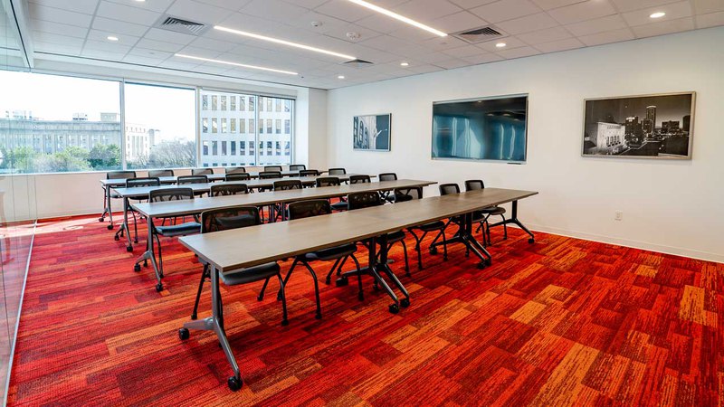 A big conference room, fully equipped for training.