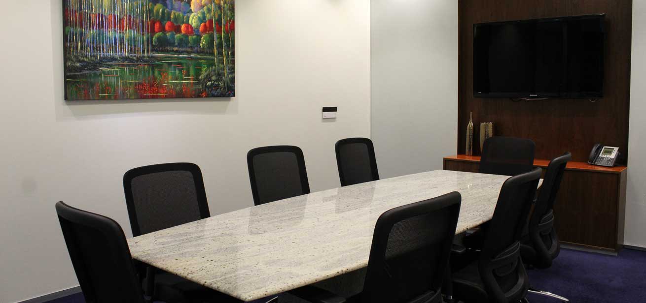 A meeting room for video conferences and business discussions